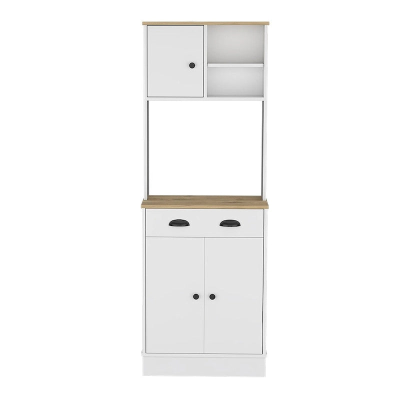 Meuble de rangement pour micro-ondes avec 3 portes et tiroir, finition blanc / macadamia