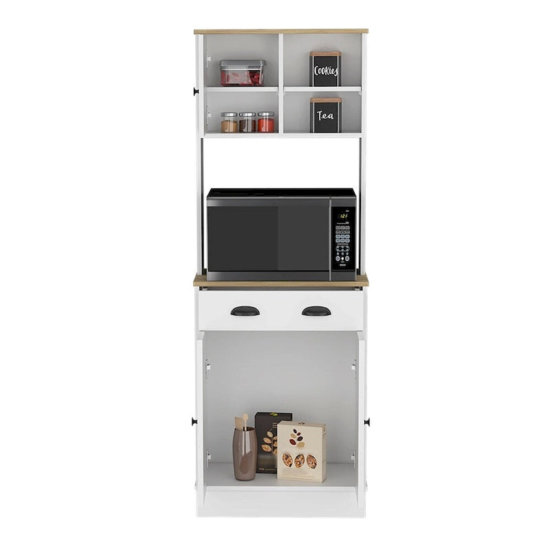 Meuble de rangement pour micro-ondes avec 3 portes et tiroir, finition blanc / macadamia