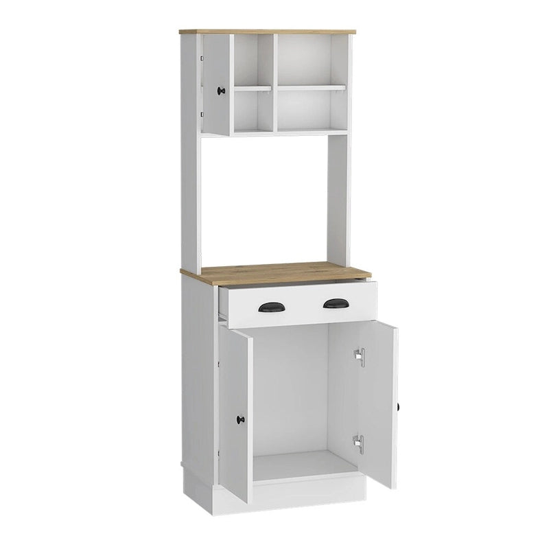 Meuble de rangement pour micro-ondes avec 3 portes et tiroir, finition blanc / macadamia