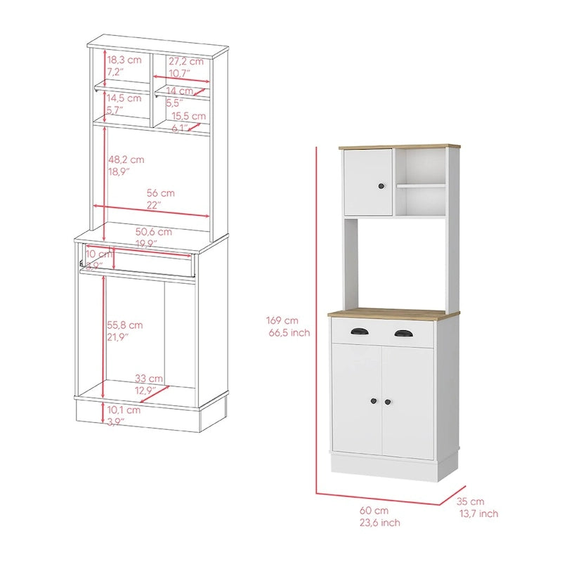 Meuble de rangement pour micro-ondes avec 3 portes et tiroir, finition blanc / macadamia