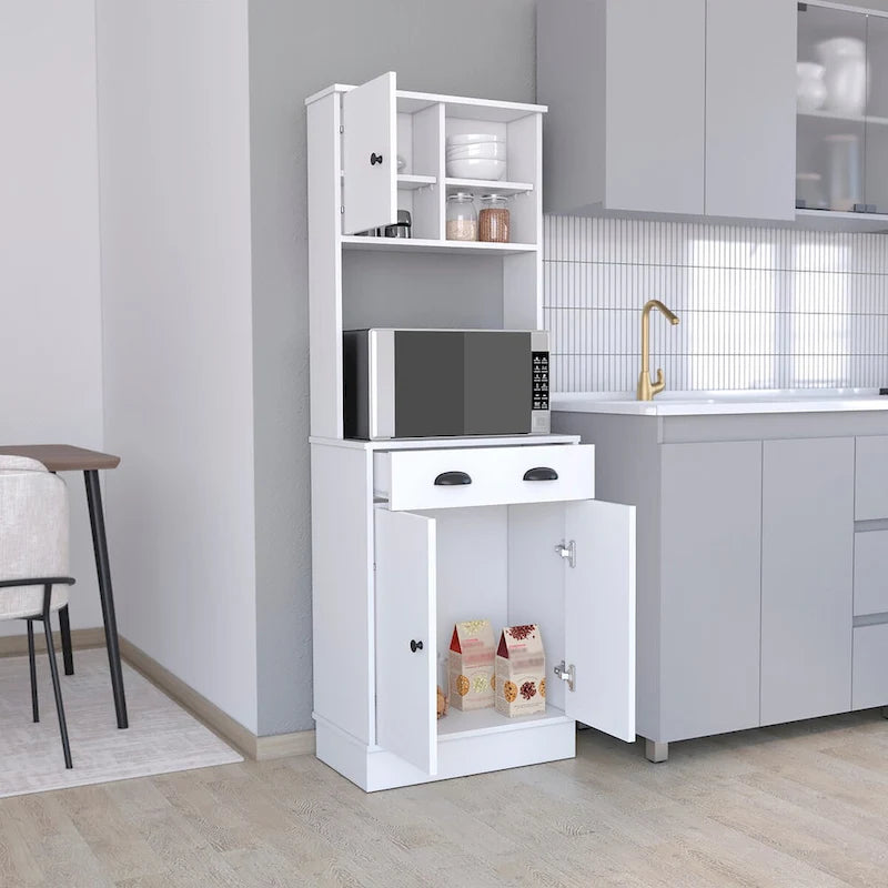 Meuble de rangement pour micro-ondes avec 3 portes et tiroir, finition blanc / macadamia