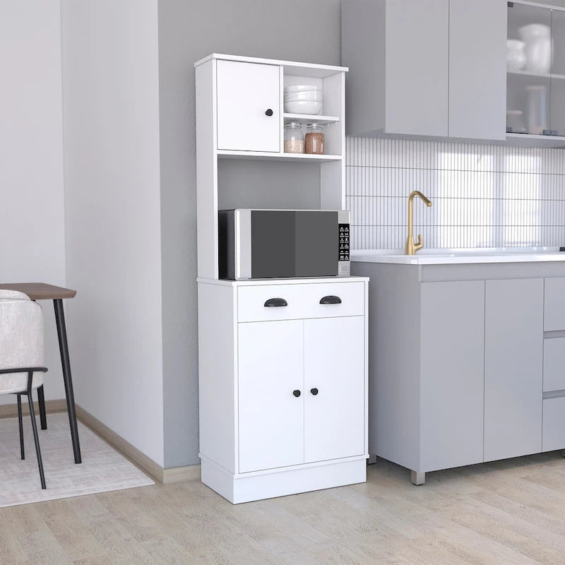 Meuble de rangement pour micro-ondes avec 3 portes et tiroir, finition blanc / macadamia