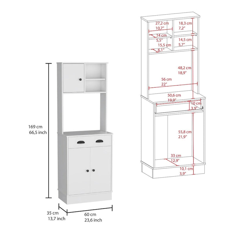 Meuble de rangement pour micro-ondes avec 3 portes et tiroir, finition blanc / macadamia