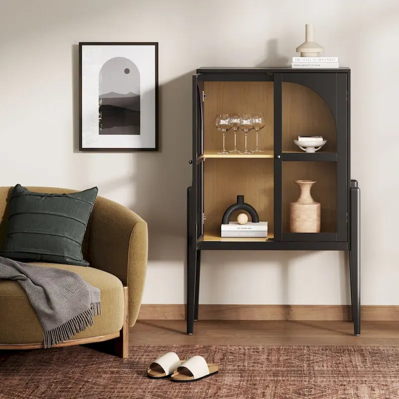 Crédence ou buffet style Mid-Century Modern avec portes vitrées, armoire de rangement de cuisine avec cadre en bois
