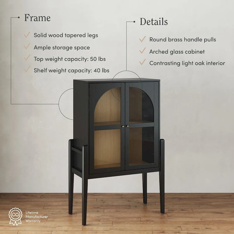 Crédence ou buffet style Mid-Century Modern avec portes vitrées, armoire de rangement de cuisine avec cadre en bois