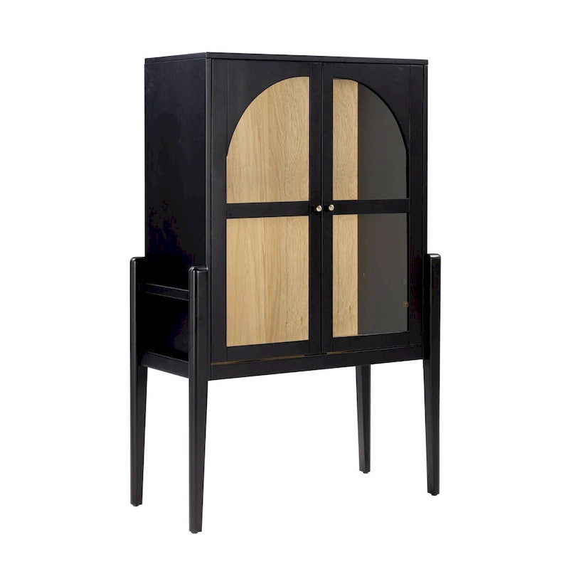 Crédence ou buffet style Mid-Century Modern avec portes vitrées, armoire de rangement de cuisine avec cadre en bois