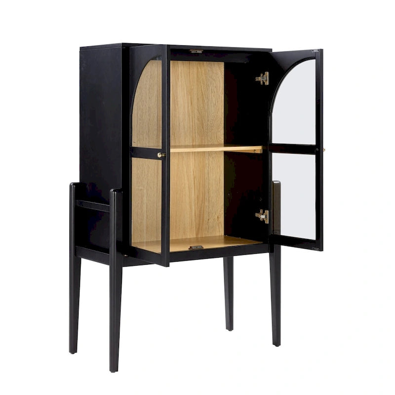 Crédence ou buffet style Mid-Century Modern avec portes vitrées, armoire de rangement de cuisine avec cadre en bois