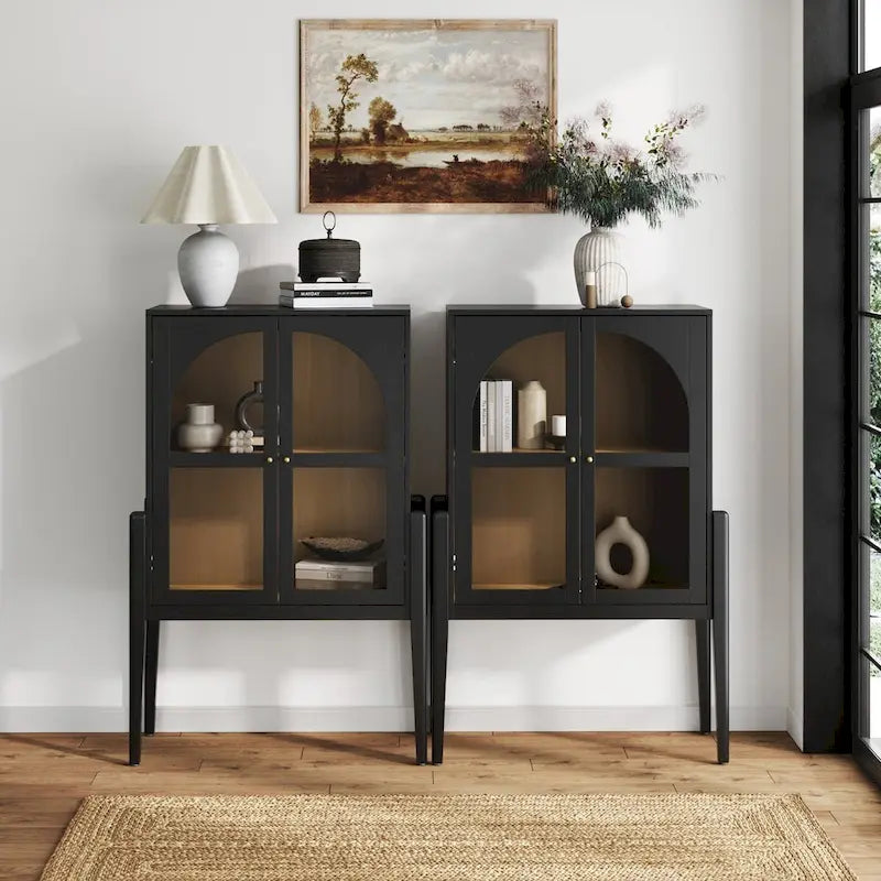 Crédence ou buffet style Mid-Century Modern avec portes vitrées, armoire de rangement de cuisine avec cadre en bois
