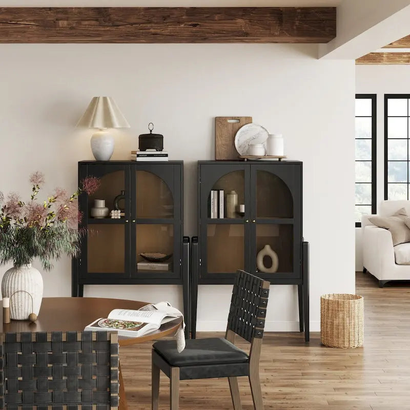 Crédence ou buffet style Mid-Century Modern avec portes vitrées, armoire de rangement de cuisine avec cadre en bois