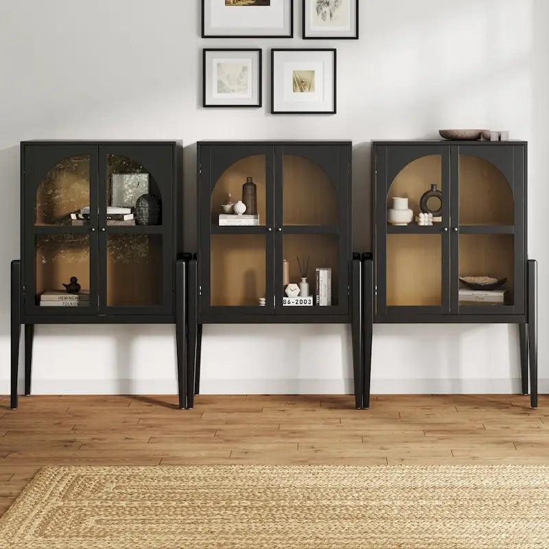 Crédence ou buffet style Mid-Century Modern avec portes vitrées, armoire de rangement de cuisine avec cadre en bois