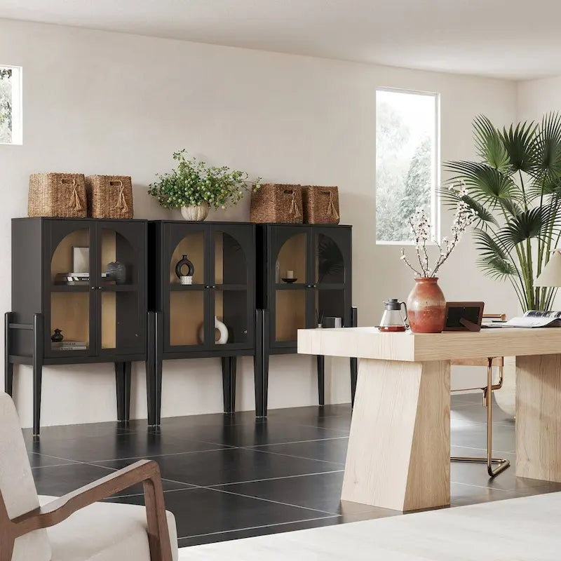 Crédence ou buffet style Mid-Century Modern avec portes vitrées, armoire de rangement de cuisine avec cadre en bois