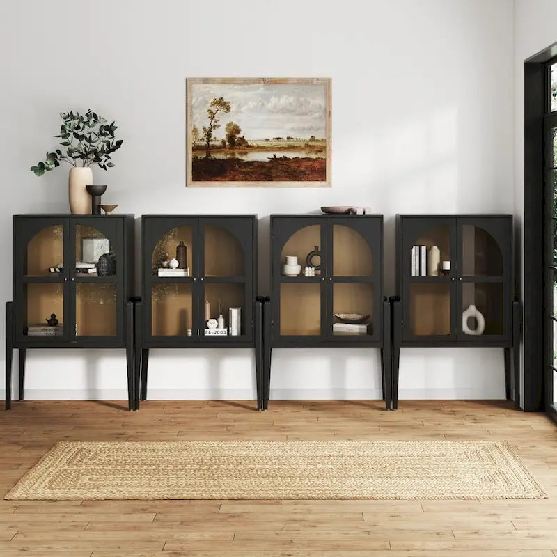 Crédence ou buffet style Mid-Century Modern avec portes vitrées, armoire de rangement de cuisine avec cadre en bois