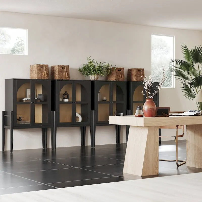 Crédence ou buffet style Mid-Century Modern avec portes vitrées, armoire de rangement de cuisine avec cadre en bois