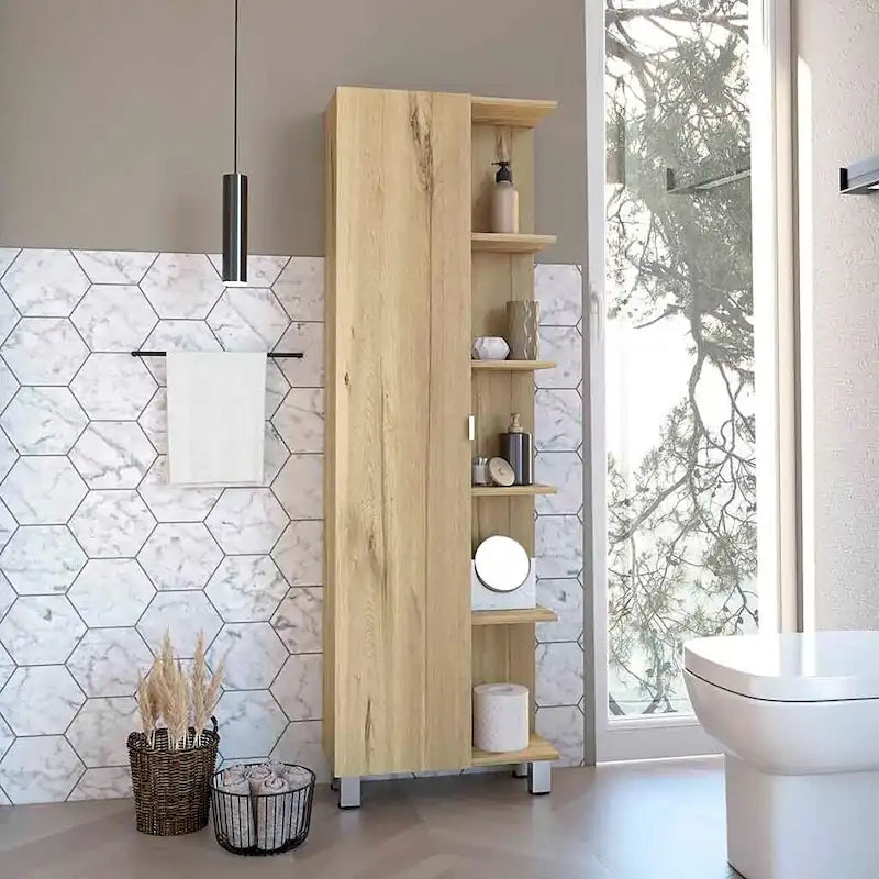 Meuble d'angle avec cinq étagères ouvertes, une porte, finition gris clair