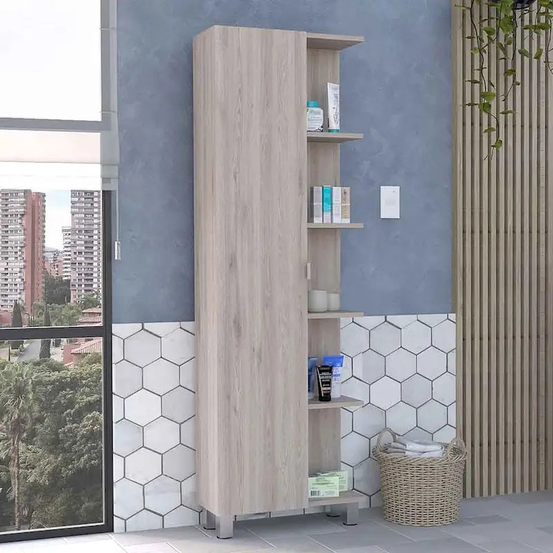 Meuble d'angle avec cinq étagères ouvertes, une porte, finition gris clair
