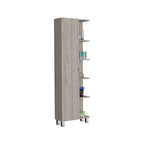 Meuble d'angle avec cinq étagères ouvertes, une porte, finition gris clair