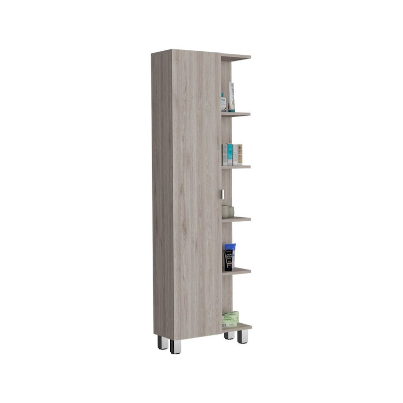 Meuble d'angle avec cinq étagères ouvertes, une porte, finition gris clair