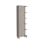 Meuble d'angle avec cinq étagères ouvertes, une porte, finition gris clair