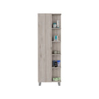 Meuble d'angle avec cinq étagères ouvertes, une porte, finition gris clair