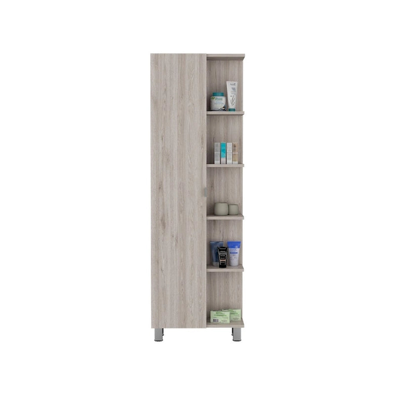 Meuble d'angle avec cinq étagères ouvertes, une porte, finition gris clair