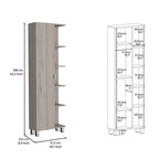 Meuble d'angle avec cinq étagères ouvertes, une porte, finition gris clair