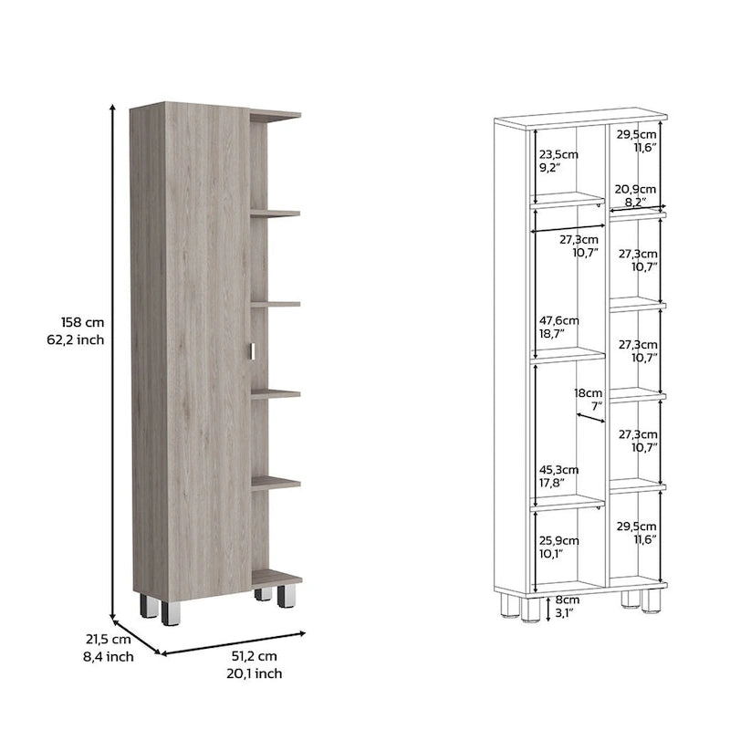 Meuble d'angle avec cinq étagères ouvertes, une porte, finition gris clair