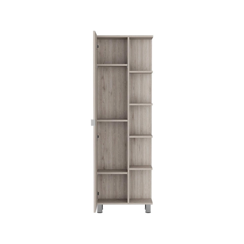 Meuble d'angle avec cinq étagères ouvertes, une porte, finition gris clair
