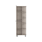 Meuble d'angle avec cinq étagères ouvertes, une porte, finition gris clair