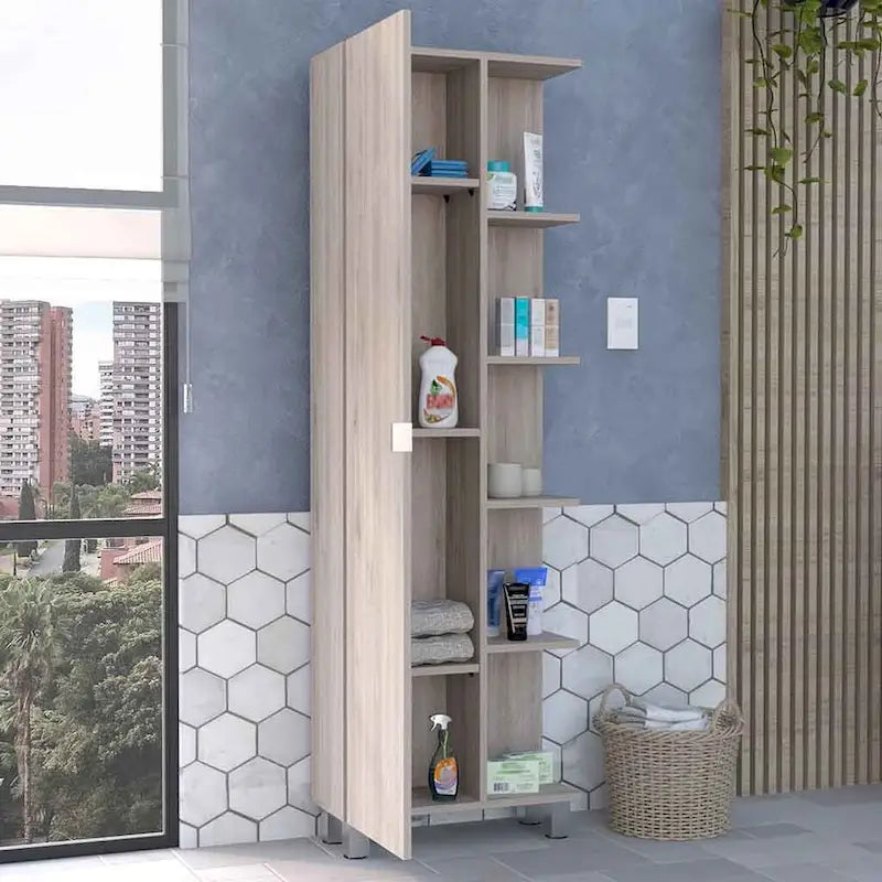 Meuble d'angle avec cinq étagères ouvertes, une porte, finition gris clair