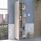 Meuble d'angle avec cinq étagères ouvertes, une porte, finition gris clair