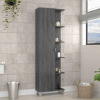 Meuble d'angle avec cinq étagères ouvertes, une porte, finition gris clair