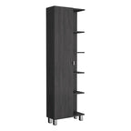 Meuble d'angle avec cinq étagères ouvertes, une porte, finition gris clair