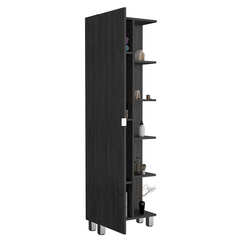 Meuble d'angle avec cinq étagères ouvertes, une porte, finition gris clair