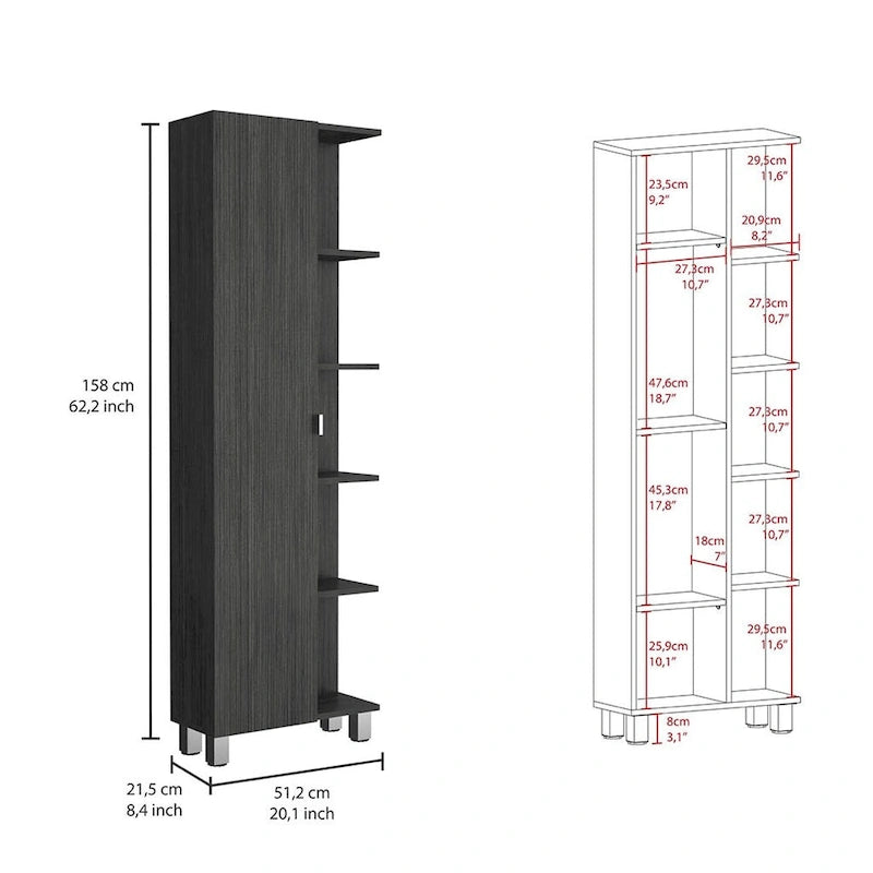 Meuble d'angle avec cinq étagères ouvertes, une porte, finition gris clair