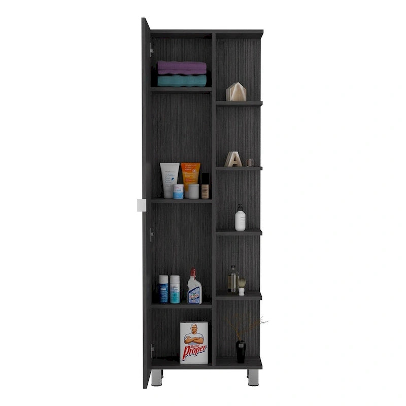 Meuble d'angle avec cinq étagères ouvertes, une porte, finition gris clair