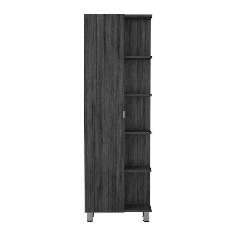 Meuble d'angle avec cinq étagères ouvertes, une porte, finition gris clair