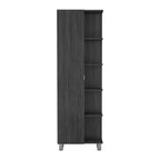 Meuble d'angle avec cinq étagères ouvertes, une porte, finition gris clair