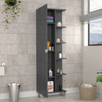Meuble d'angle avec cinq étagères ouvertes, une porte, finition gris clair