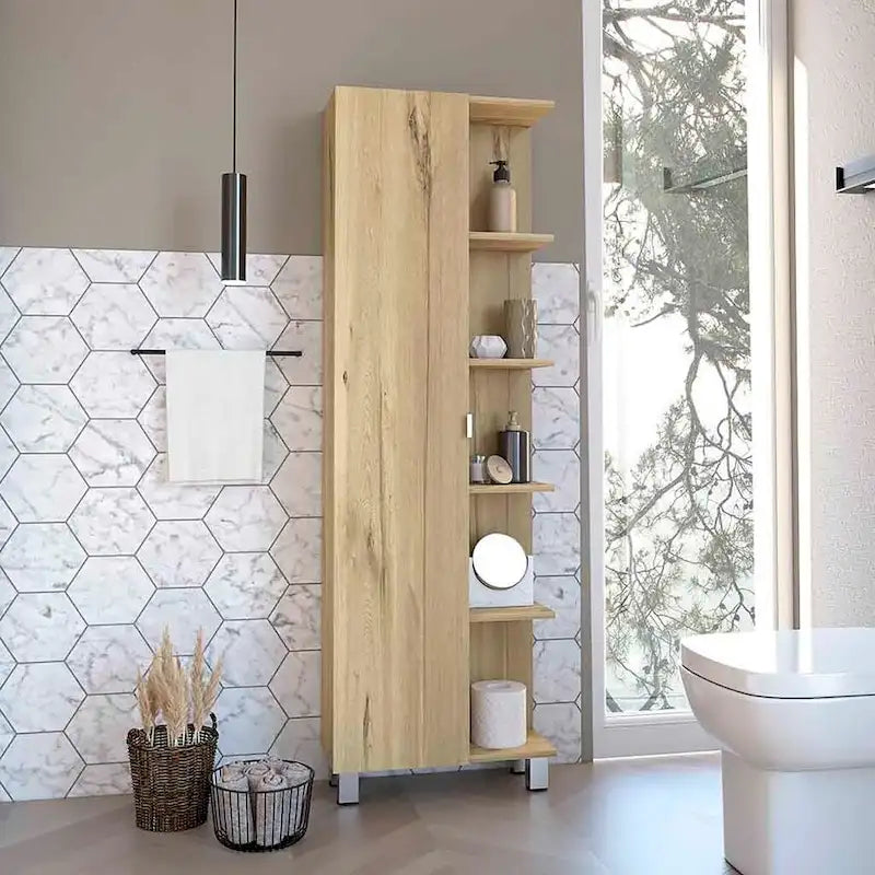 Meuble d'angle avec cinq étagères ouvertes, une porte, finition gris clair