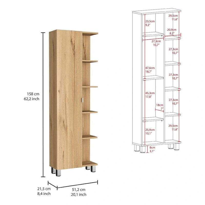 Meuble d'angle avec cinq étagères ouvertes, une porte, finition gris clair