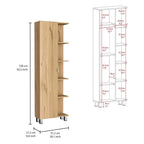 Meuble d'angle avec cinq étagères ouvertes, une porte, finition gris clair