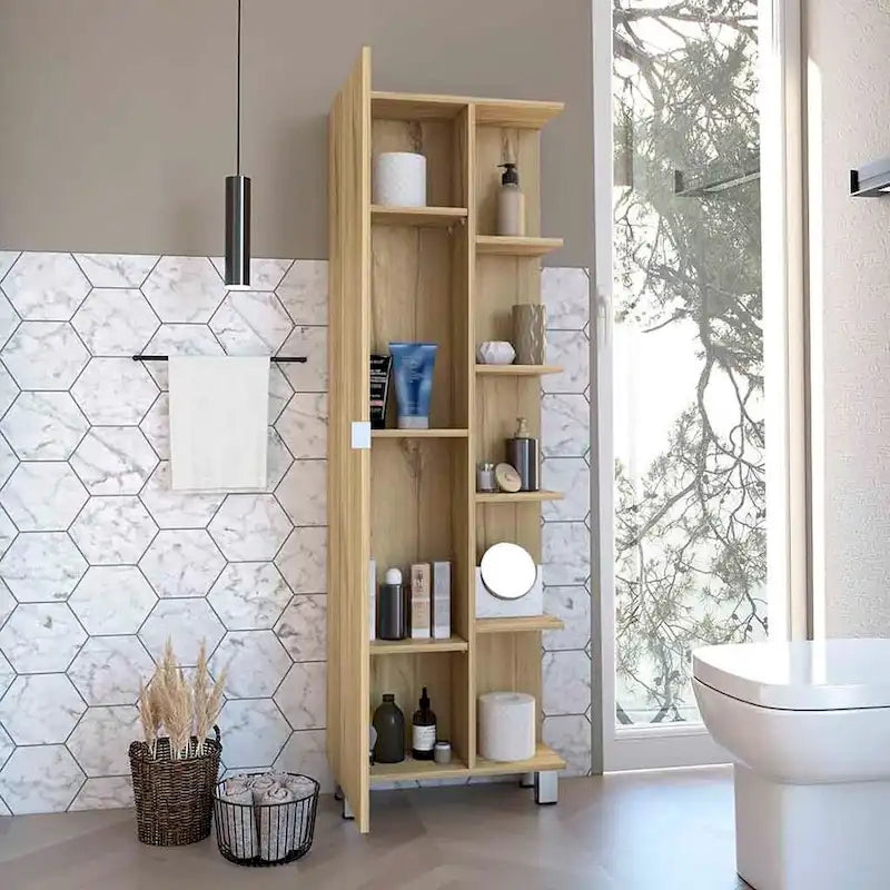 Meuble d'angle avec cinq étagères ouvertes, une porte, finition gris clair