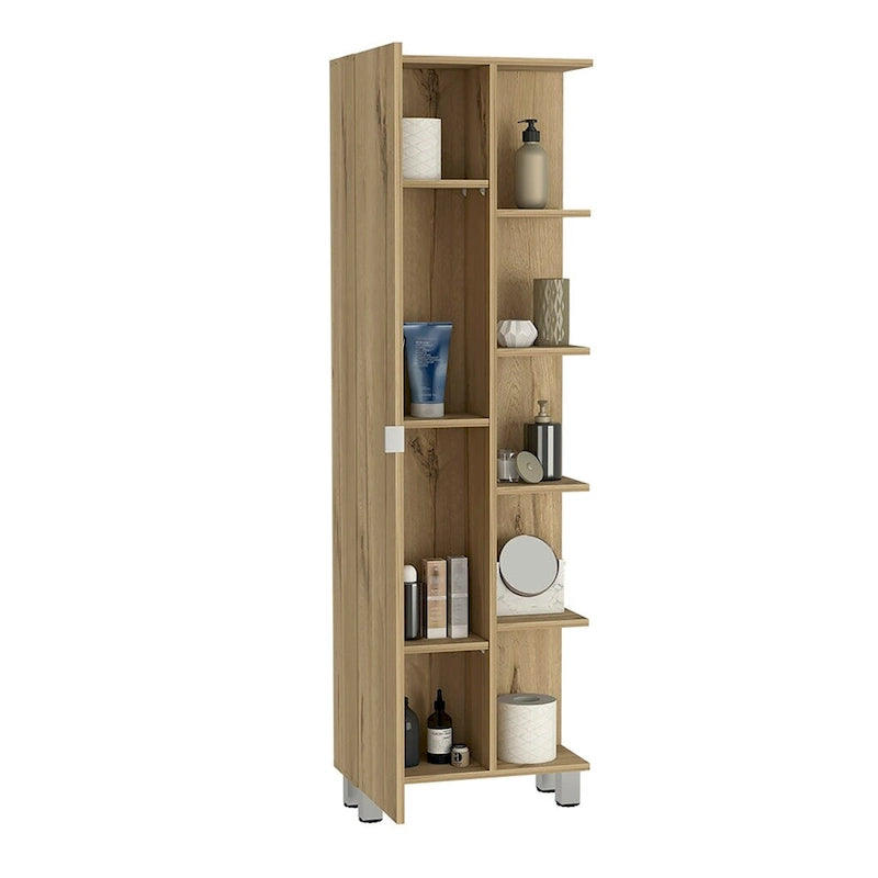 Meuble d'angle avec cinq étagères ouvertes, une porte, finition gris clair