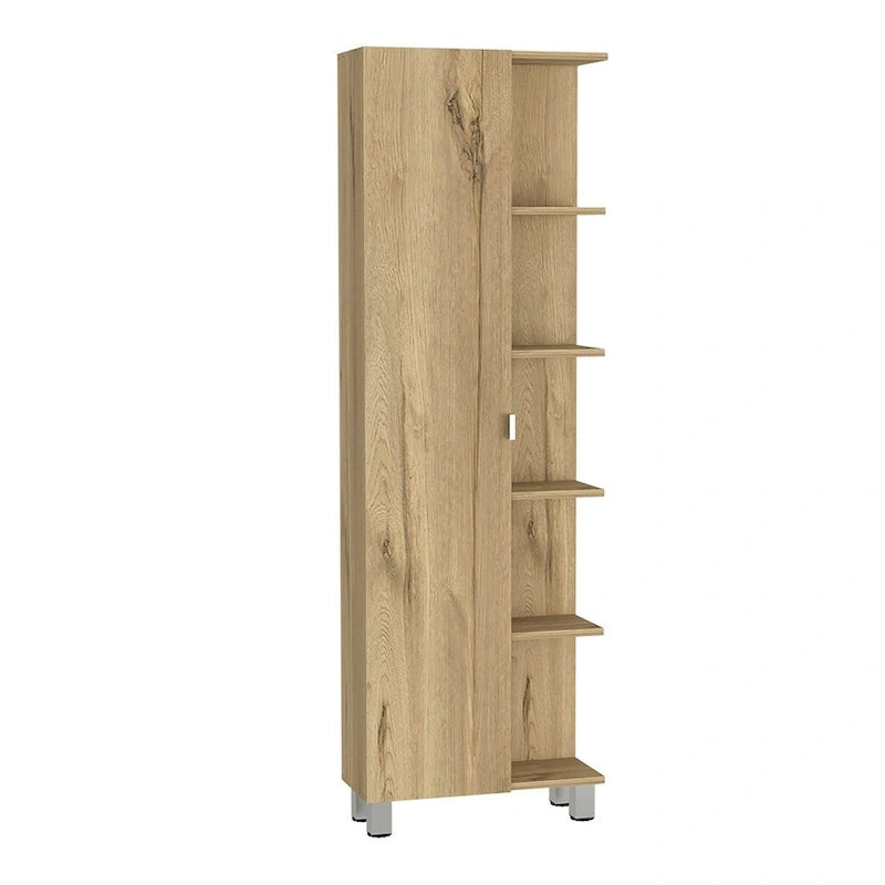 Meuble d'angle avec cinq étagères ouvertes, une porte, finition gris clair