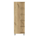 Meuble d'angle avec cinq étagères ouvertes, une porte, finition gris clair