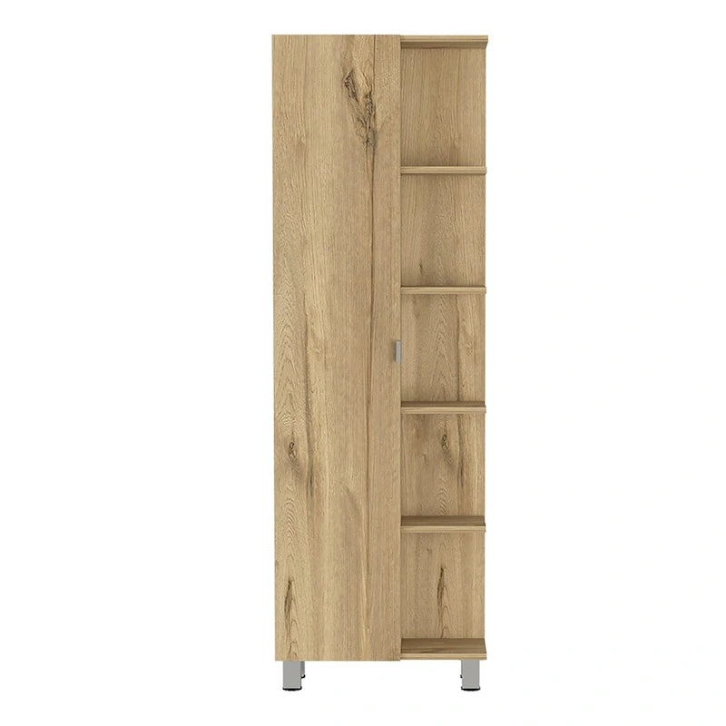 Meuble d'angle avec cinq étagères ouvertes, une porte, finition gris clair