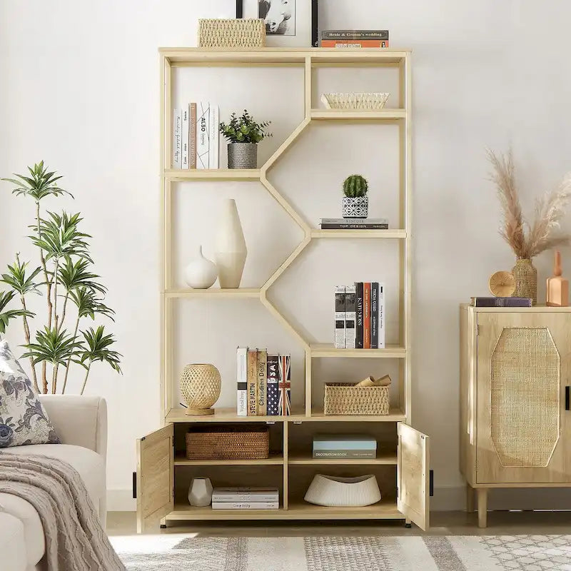 Étagère à livres en rotin à 5 niveaux, bibliothèque avec rangement et placard
