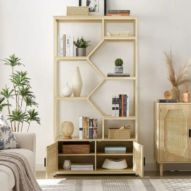Étagère à livres en rotin à 5 niveaux, bibliothèque avec rangement et placard