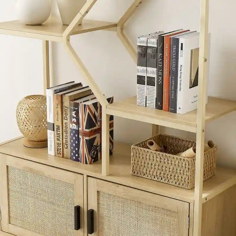 Étagère à livres en rotin à 5 niveaux, bibliothèque avec rangement et placard