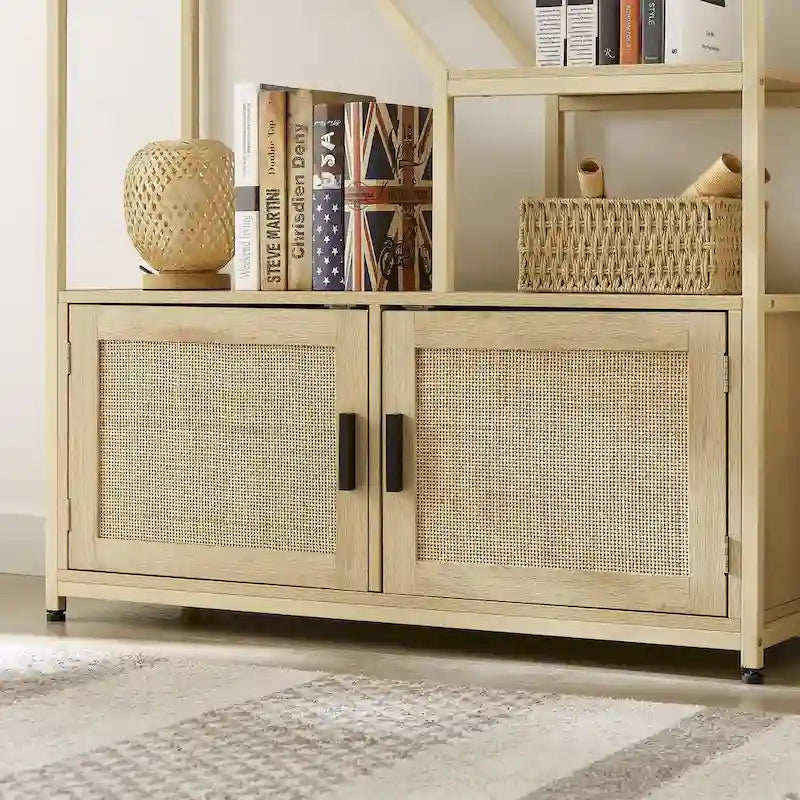 Étagère à livres en rotin à 5 niveaux, bibliothèque avec rangement et placard